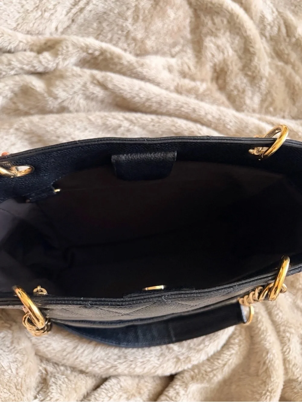 CHANEL Black Quilted Caviar Leather Shoulder Tote with Gold Chain